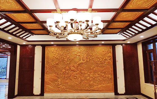 杭州中式别墅客厅中式木作横梁吊顶装饰展示