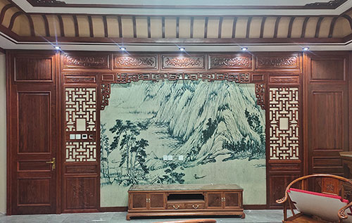 杭州中式仿古别墅客厅背景墙花格木作装饰